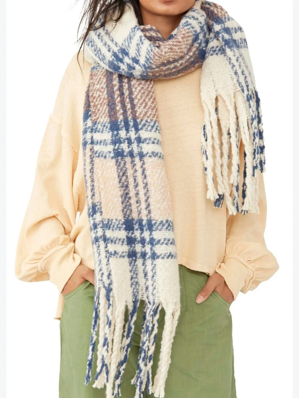 Free People Homecoming Plaid Blanket Scarf In Mushroom One Size